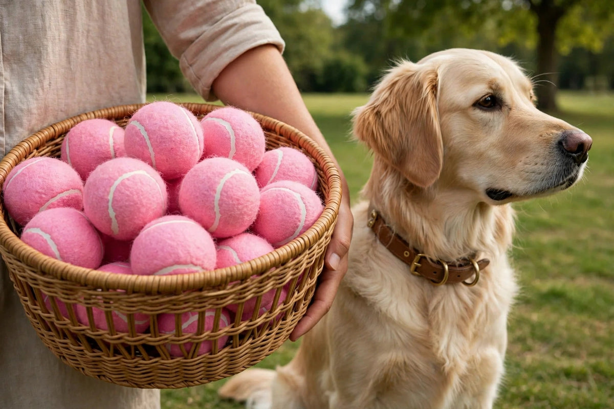 Owner holding basket of pink tennis balls with dog beside