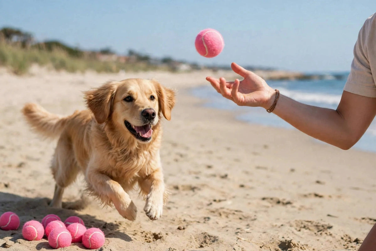 Owner throwing pink tennis ball for dog on beach