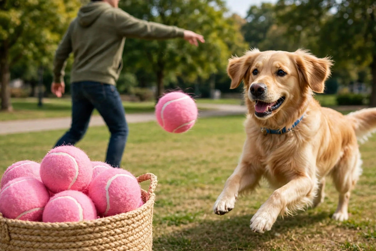 Owner playing fetch with dog and pink tennis balls in park