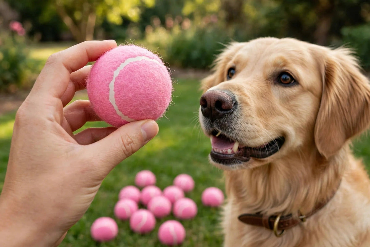 Hand holding pink tennis ball with dog waiting beside