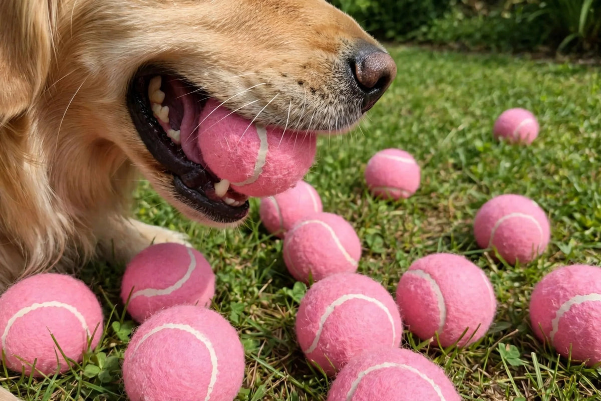 Dog holding a pink squeaky tennis ball in mouth on grass