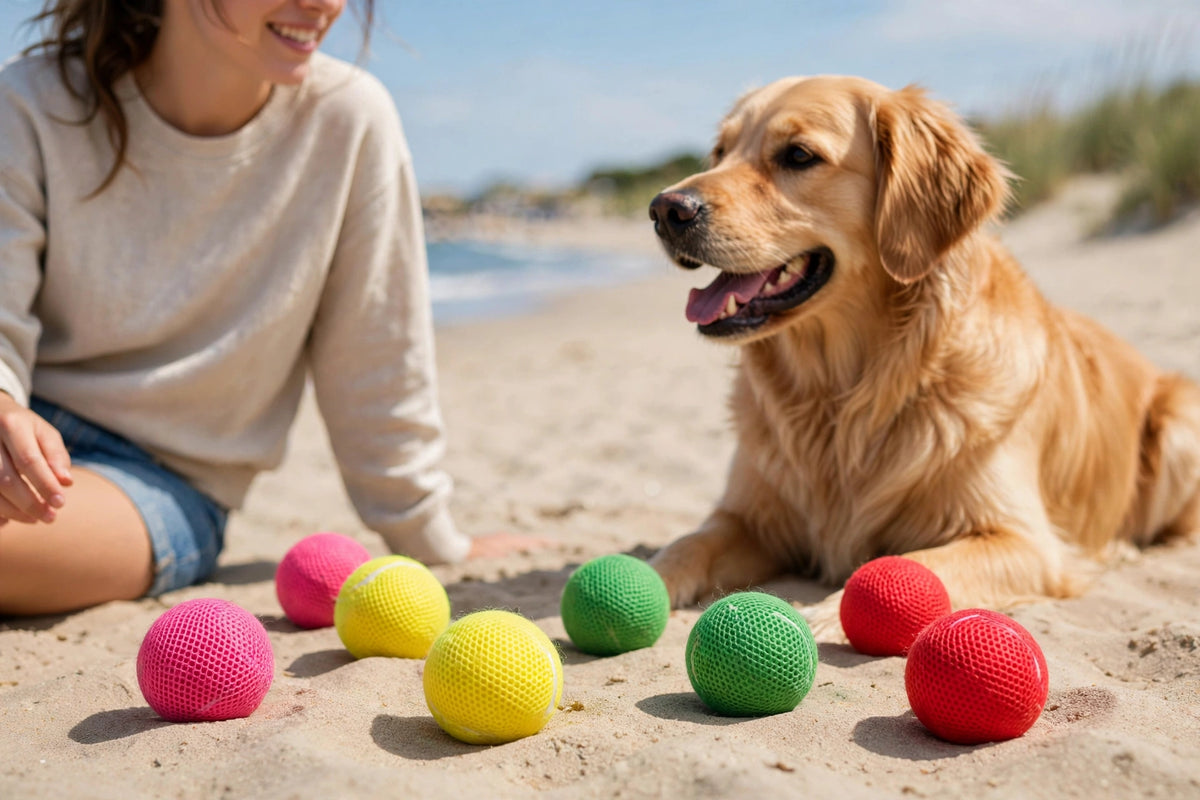 Owner and dog on beach with colorful tennis balls