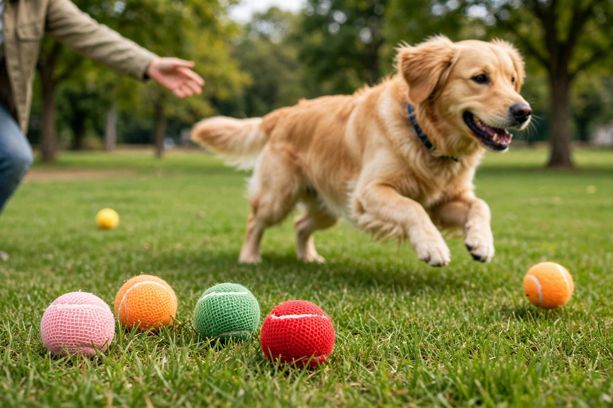 Owner playing fetch with dog and colorful tennis balls in park