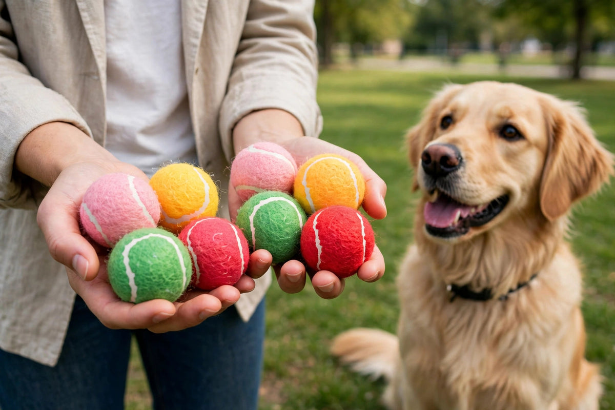 Owner holding colorful tennis balls with dog beside