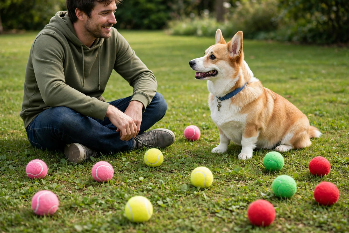 Owner sitting on lawn with dog and colorful tennis balls