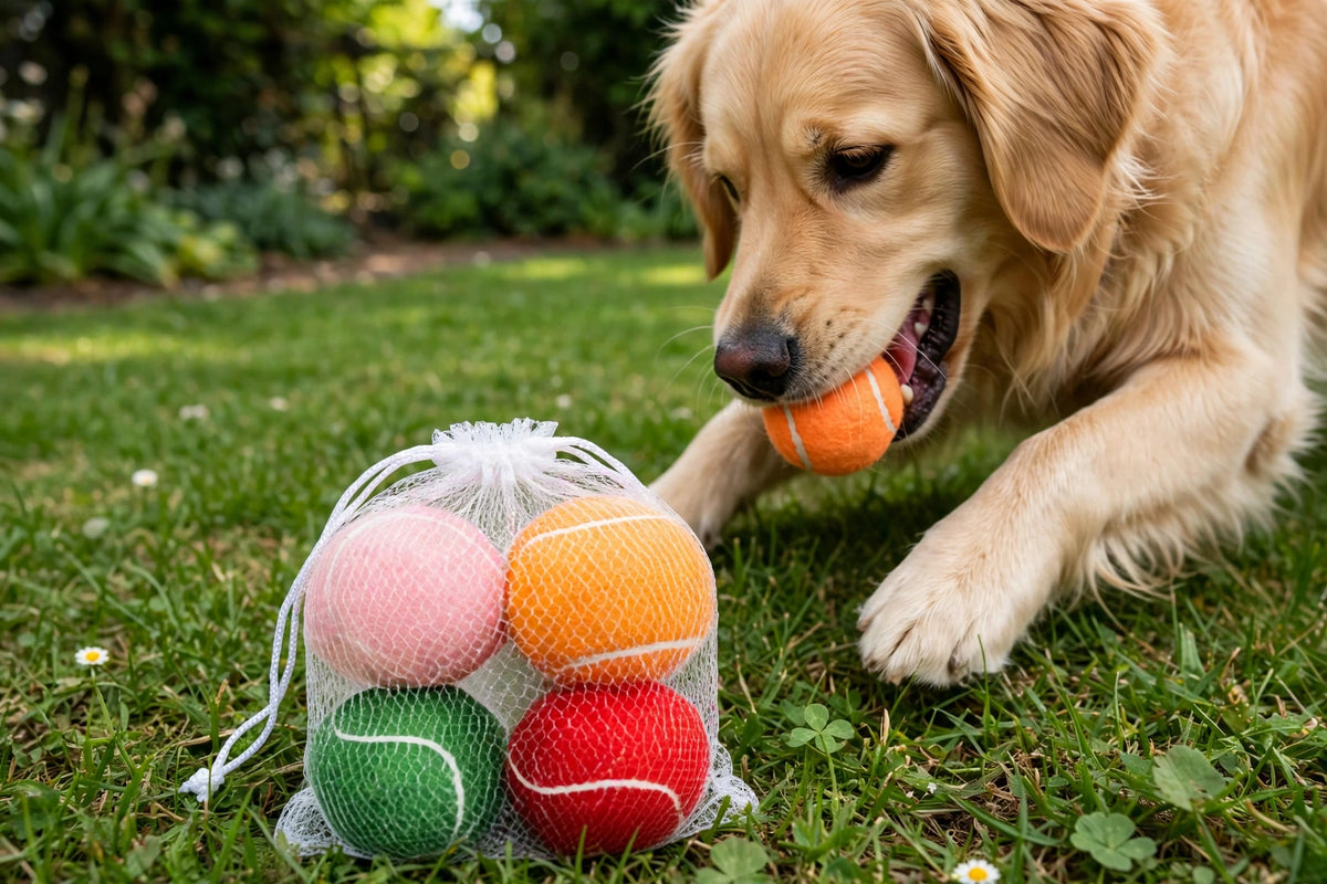 Dog playing with orange squeaky tennis ball on grass with mesh bag of balls