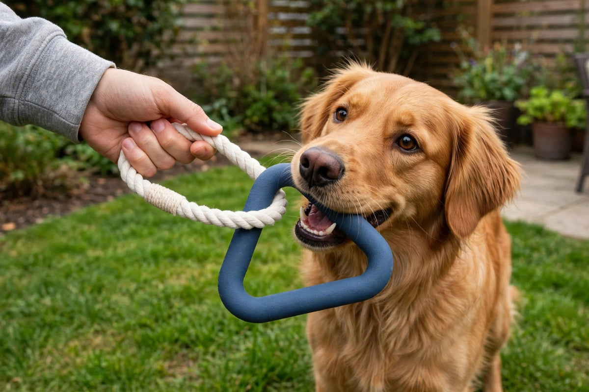 Person holding a dark blue triangle rubber toy with cotton rope while a dog chews it