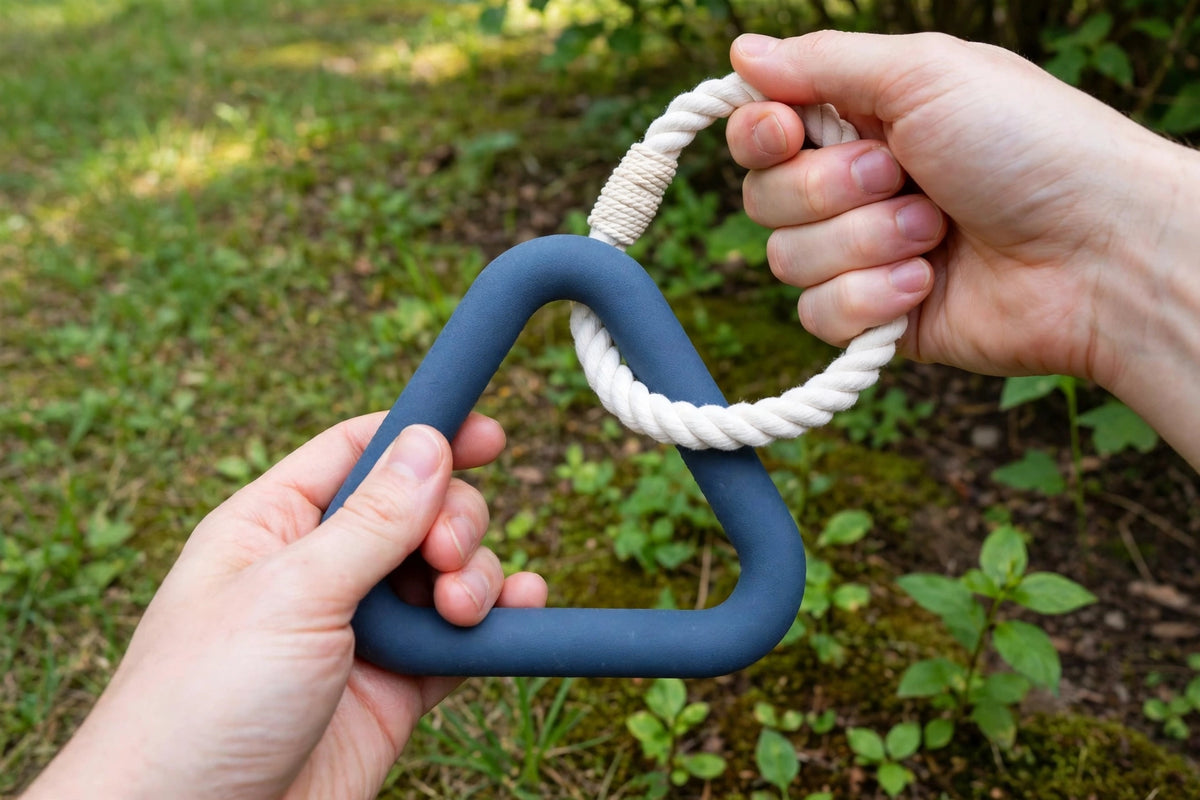 Hands holding a dark blue triangle rubber toy with cotton rope loop