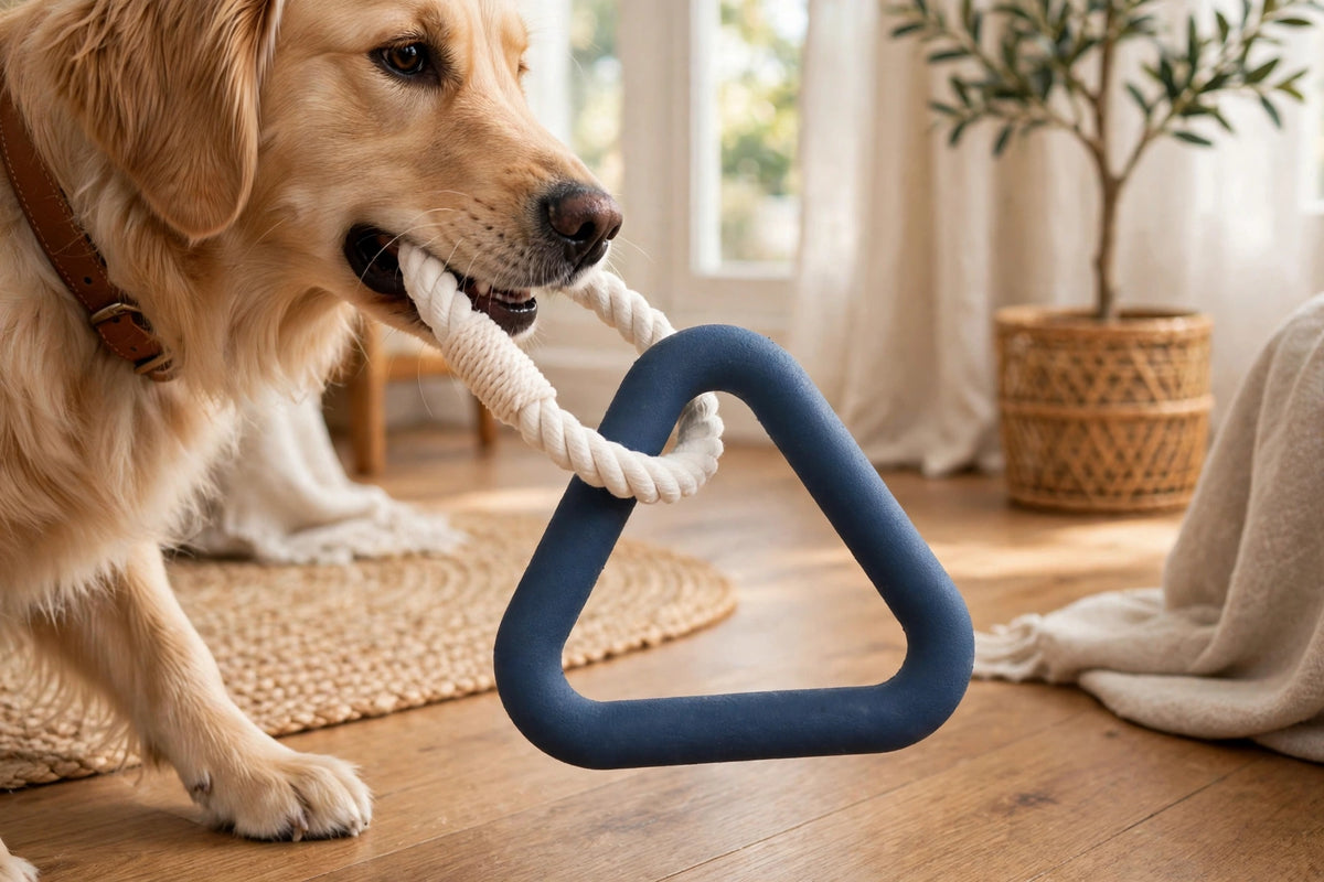 Dog playing tug with navy triangle rubber toy and cotton rope indoors