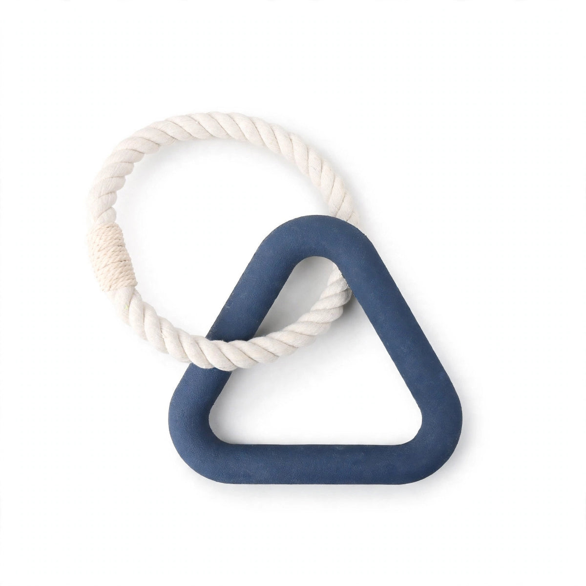 Navy triangle tug rubber dog toy with cotton rope on white background