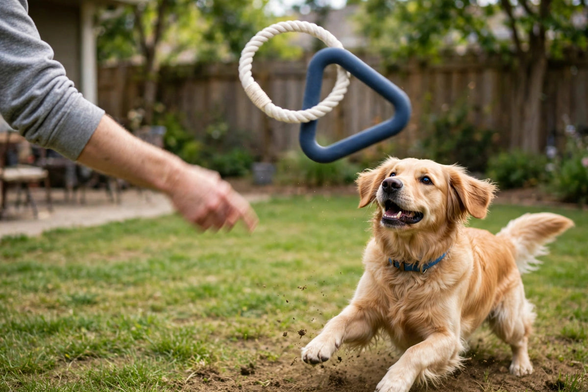 Person throwing a dark blue triangle rubber toy with cotton rope for a dog