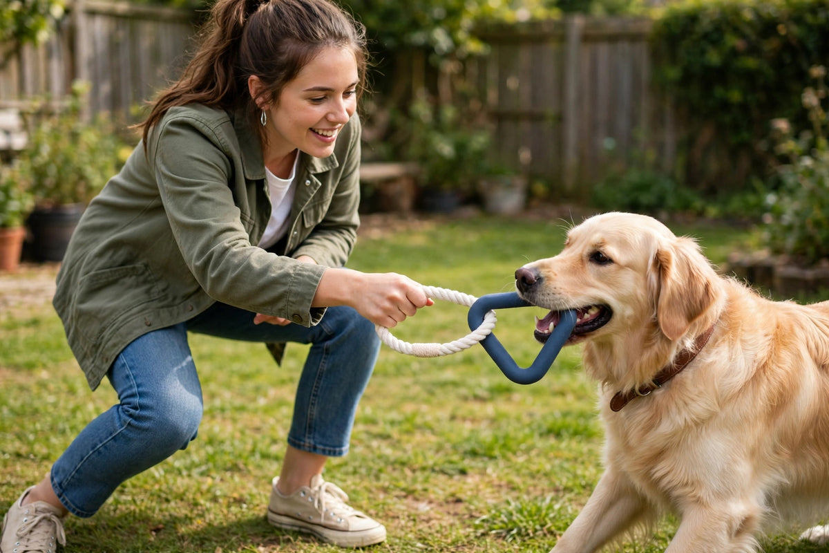Person and dog playing tug with a dark blue triangle rubber toy with cotton rope