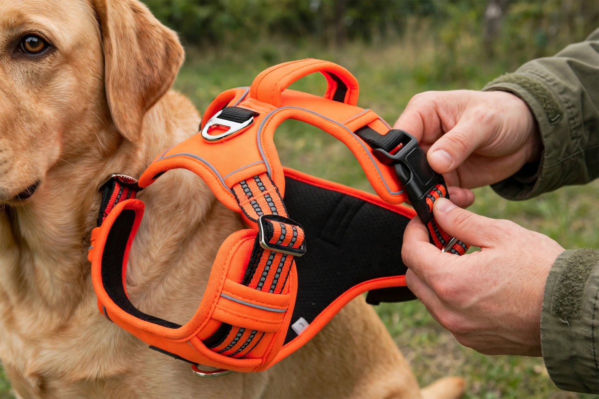 Owner adjusting straps of reflective padded vest harness on dog