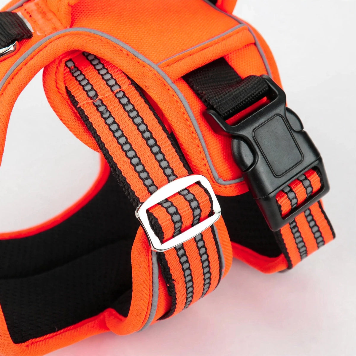 Close-up of orange padded vest harness reflective strip, buckle and padding