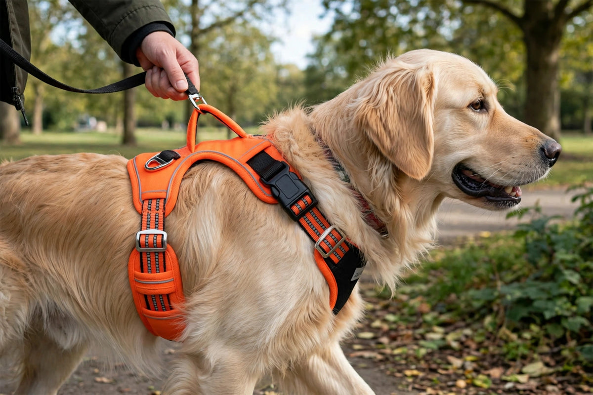 Person walking a dog wearing an orange reflective padded vest harness