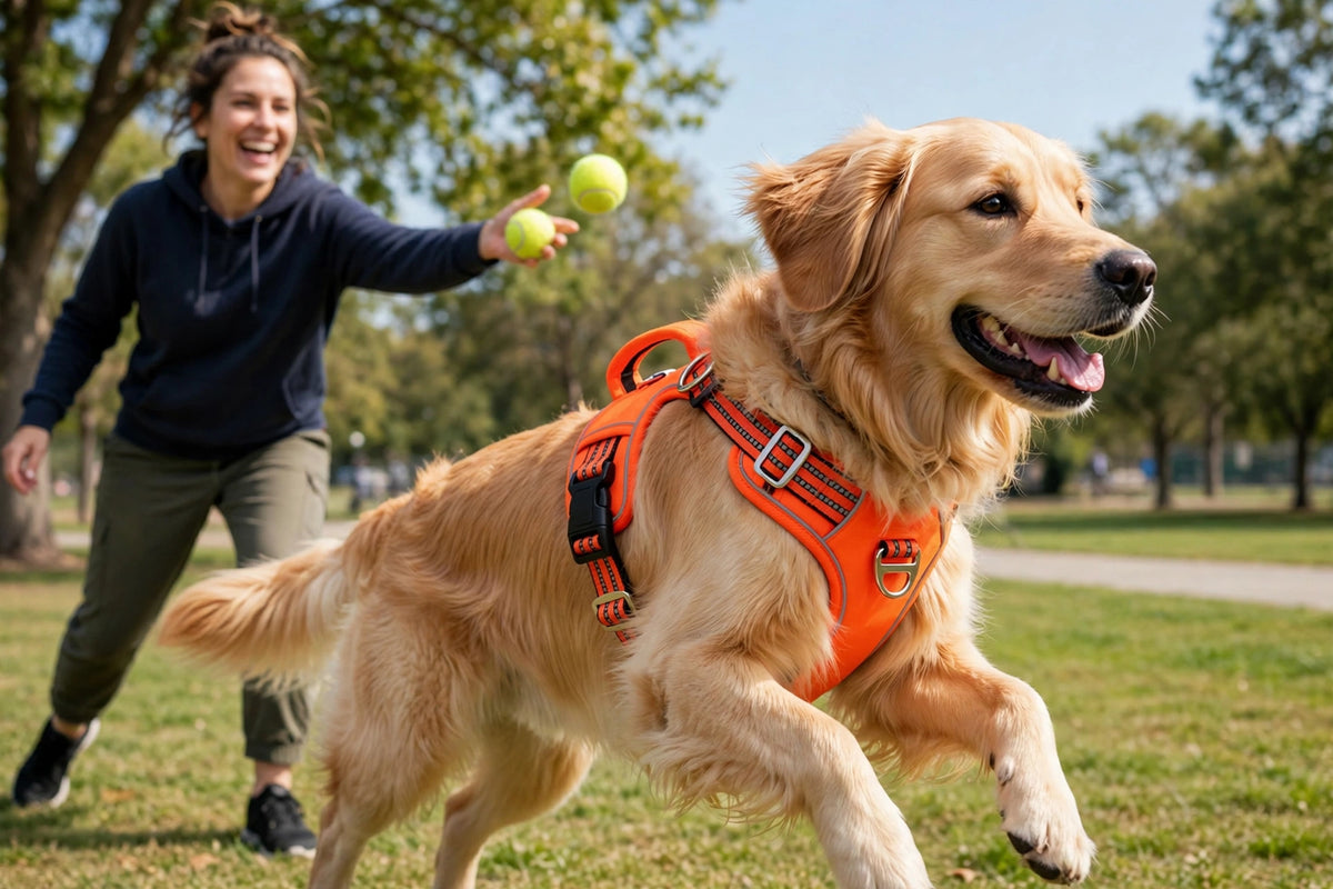 Dog wearing reflective padded vest harness playing in park with owner