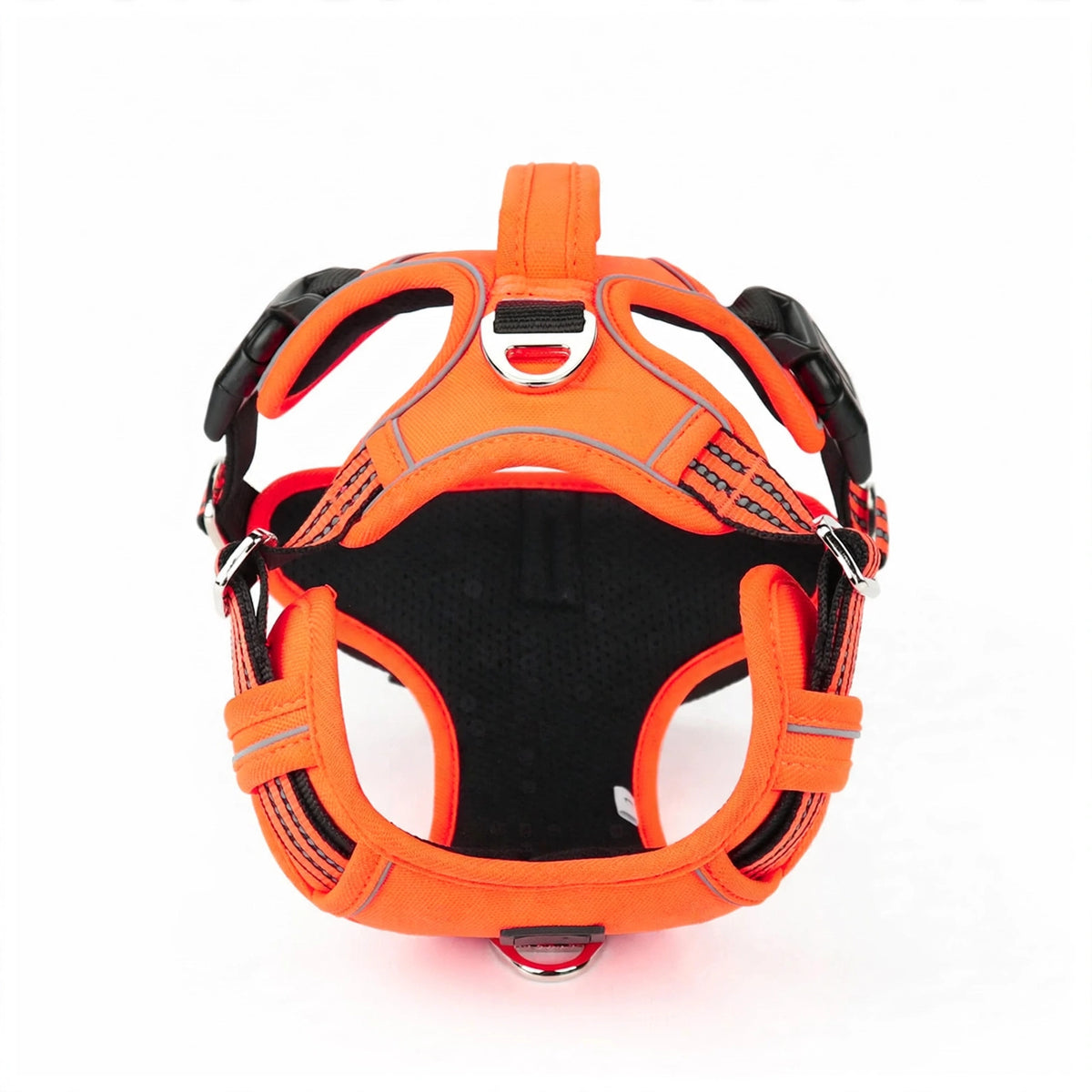Orange padded reflective dog vest harness on white background, front view