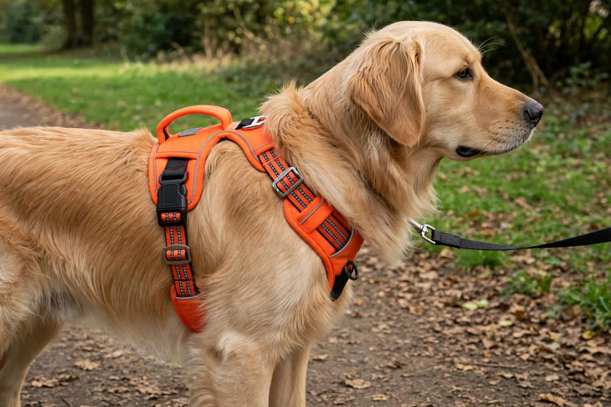 Dog wearing orange padded reflective vest harness outdoors