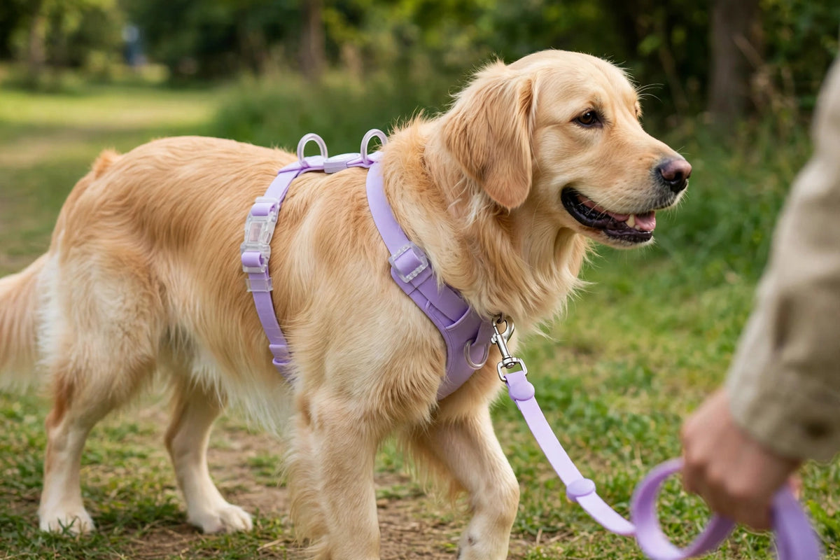 Golden retriever wearing purple waterproof PVC harness and leash outdoors