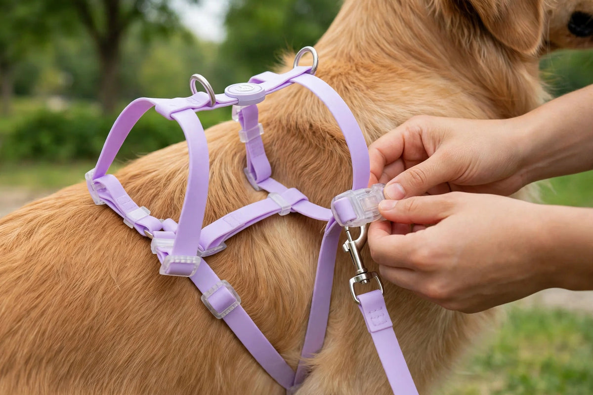 Hands adjusting the buckle of a lavender waterproof PVC dog harness