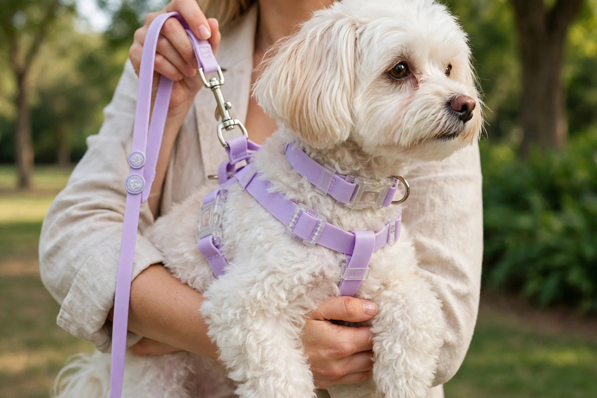 Person holding a dog wearing a lavender waterproof PVC harness and leash set