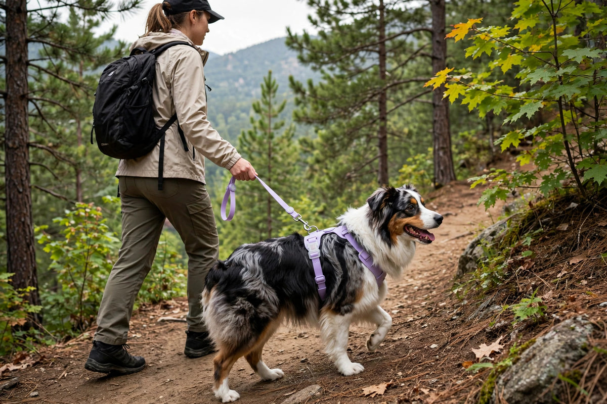 Person hiking with a dog wearing a lavender waterproof PVC harness and leash set