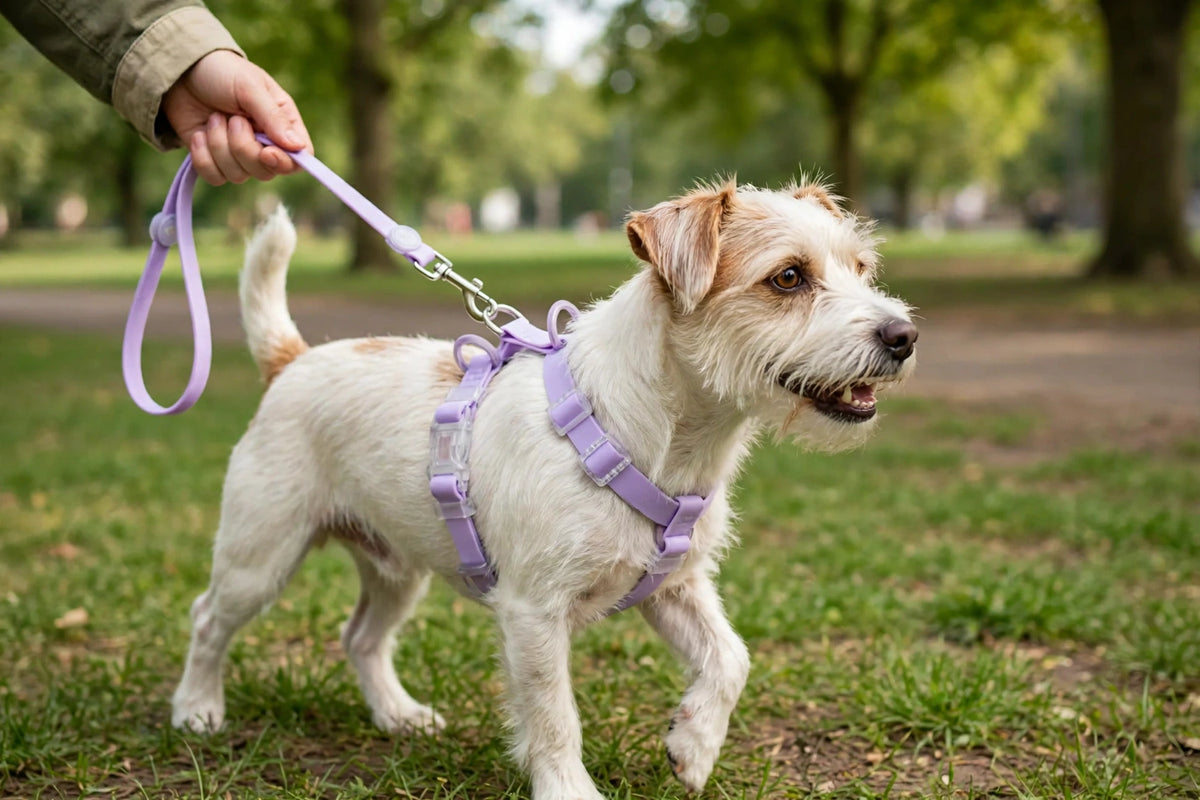 Person walking a dog wearing a lavender waterproof PVC harness and leash set