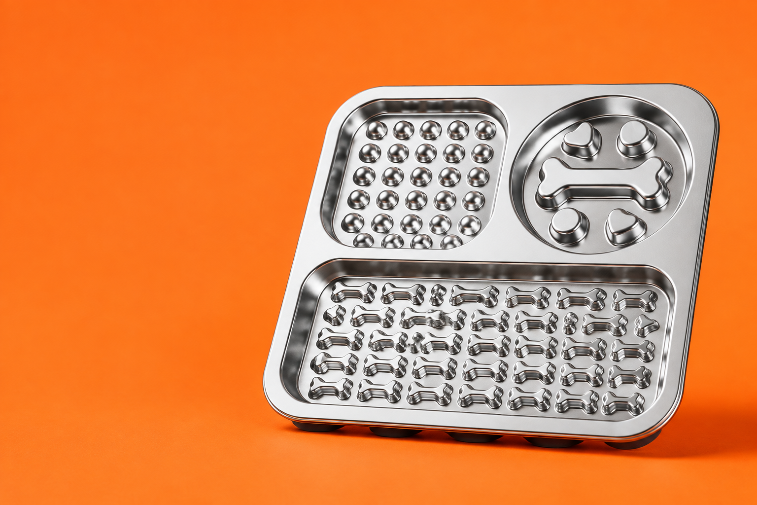A polished stainless steel three-section tray on an orange background