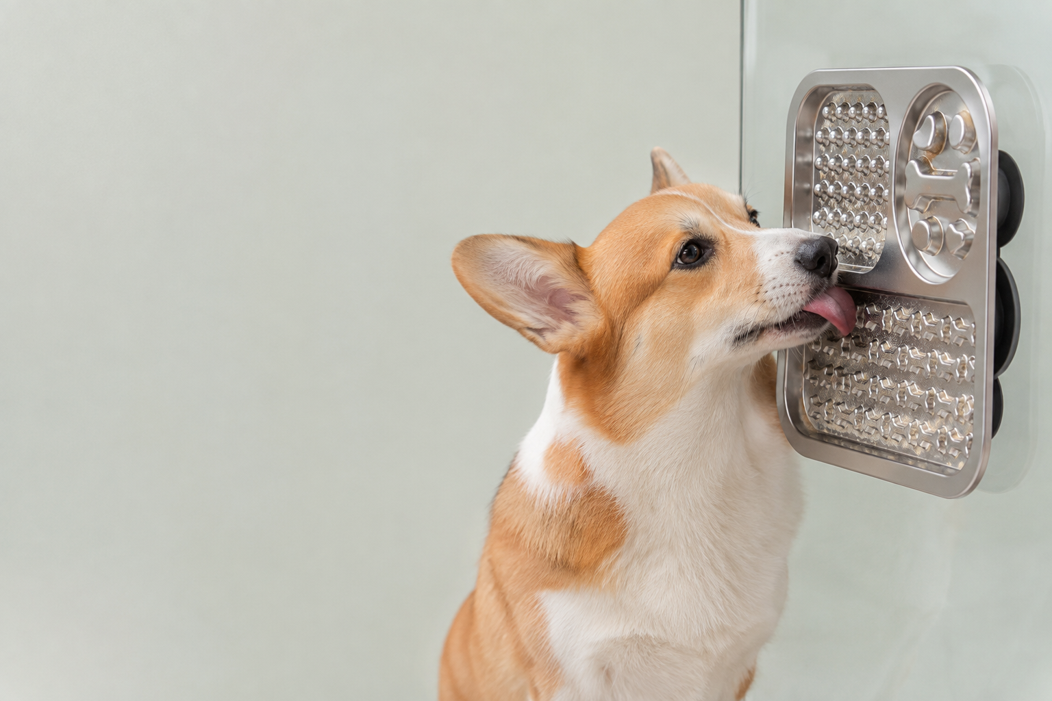 A corgi using the feeding tray on a clean smooth surface
